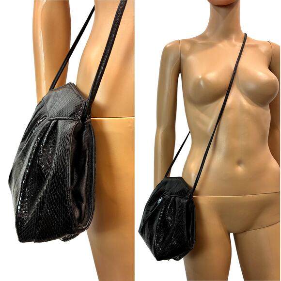 Vintage 80s Black Snakeskin Geometric Shoulder Bag Hexagon Pleated Purse - Picture 11 of 12